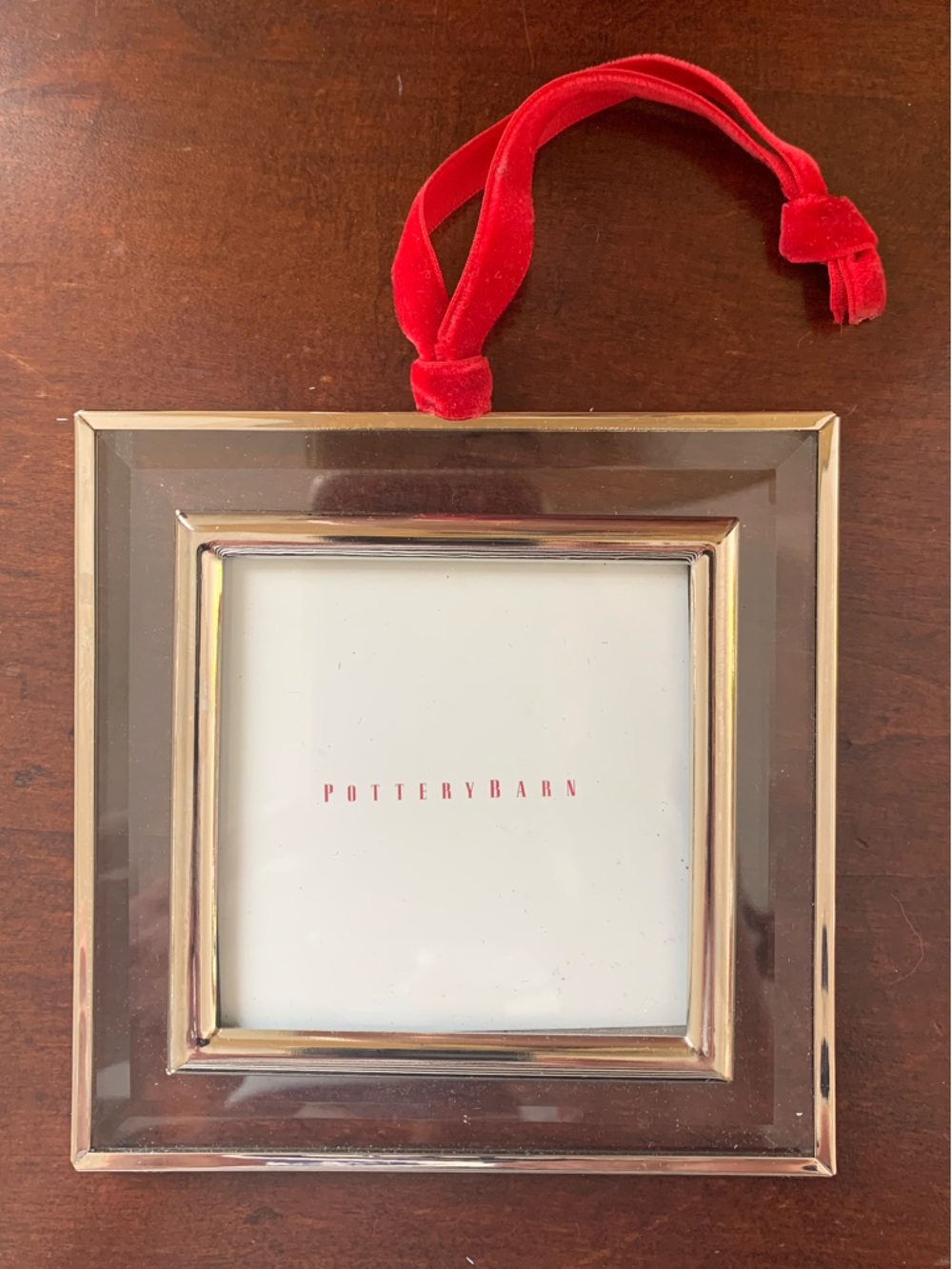 Pottery Barn Gold Square Glass Hanging Frame with Red Velvet Ribbon